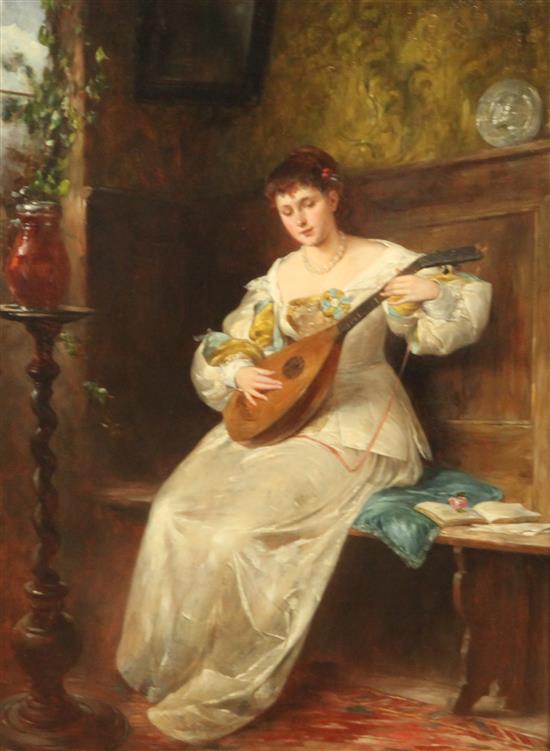 Richard Eiserman (German, 1853-1927) Young woman playing a mandolin 15.5 x 11in.